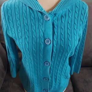 Willi Smith Turquoise Cable Knit Hooded Button-Up Cardigan